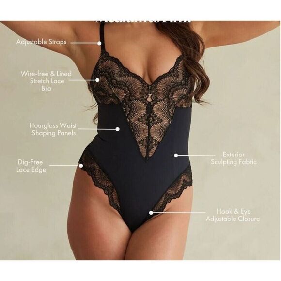 Pinsy Women's Sz Medium Black Sculpting Lace Shapesuit Shapewear Bodysuit - Picture 4 of 6